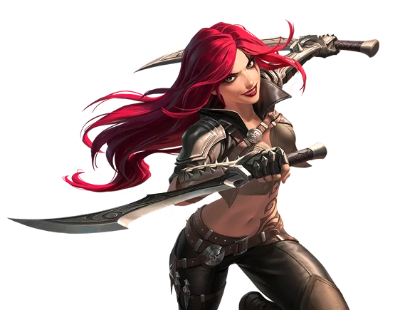 Fantasy vrouwelijke krijger met lang rood haar die twee zwaarden hanteert, gekleed in leren harnas en in een agressieve gevechtshouding.